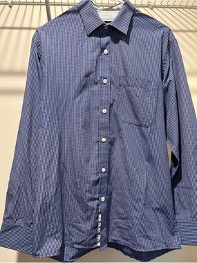 John Miller Men's Long-Sleeve Blue Micro-Check Dress Shirt Easy Care Tailored
